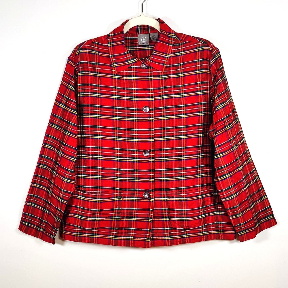 Vintage 100% Silk Plaid Shirt Jacket Old Money Heritage Red M Classic